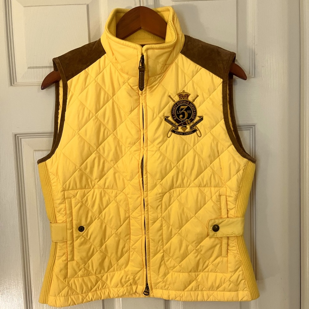 Women’s large yellow and brown suede-like quilted vest with Polo brand crest